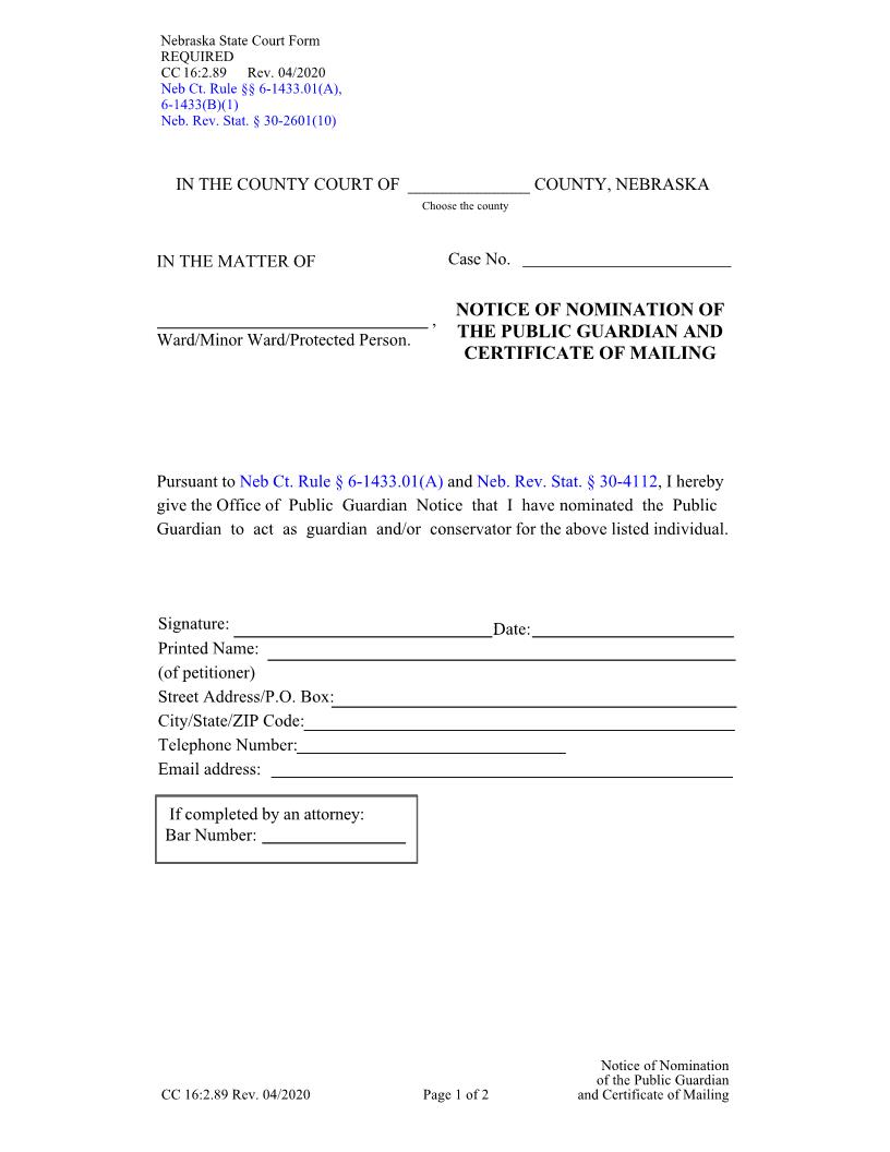 Notice Of Nomination Of The Public Guardian And Certificate Of Mailing {CC-16-2-89} | Pdf Fpdf Docx | Nebraska