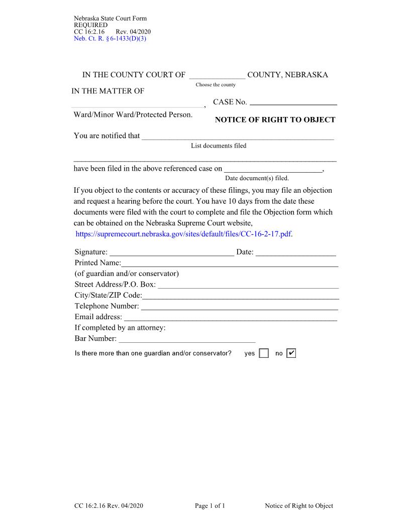 Notice Of Right To Object {CC-16-2-16} | Pdf Fpdf Docx | Nebraska