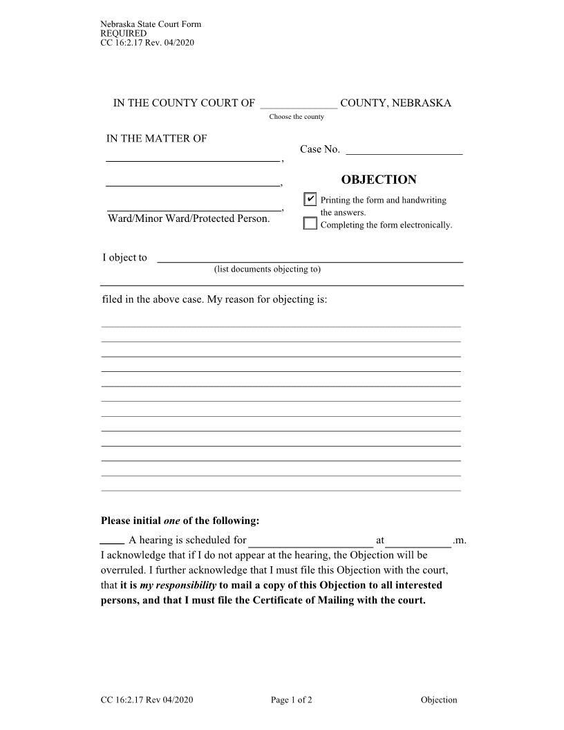 Objection {CC-16-2-17} | Pdf Fpdf Docx | Nebraska