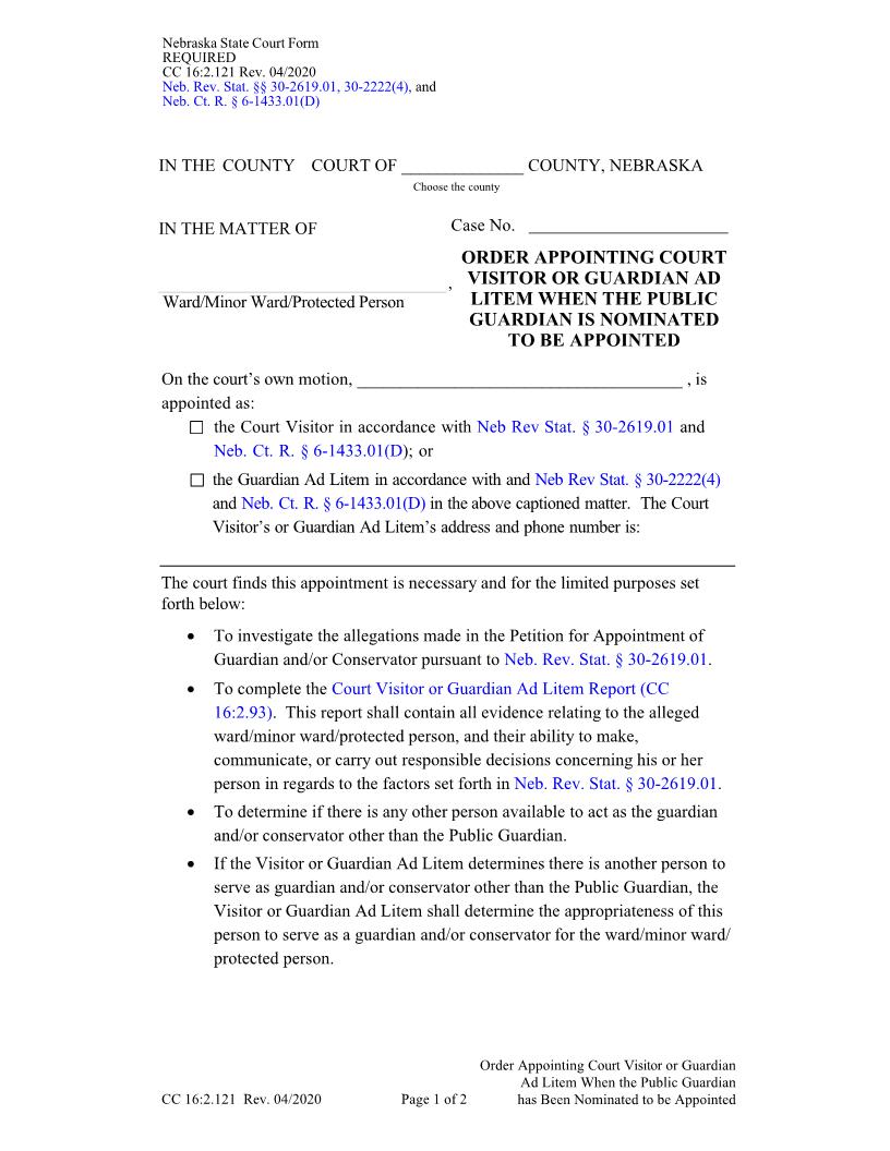 Order Appointing Court Visitor Or Guardian Ad Litem {CC-16-2-121} | Pdf Fpdf Doc Docx | Nebraska