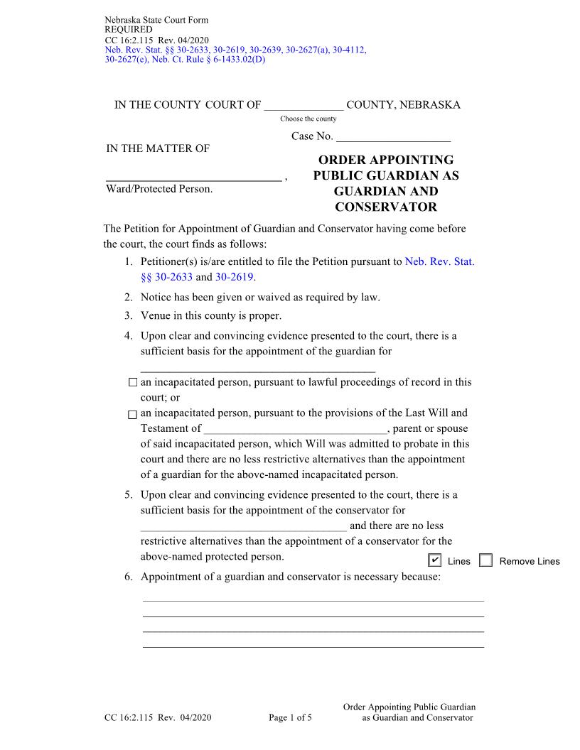 Order Appointing Public Guardian As Guardian And Conservator {CC-16-2-115} | Pdf Fpdf Docx | Nebraska
