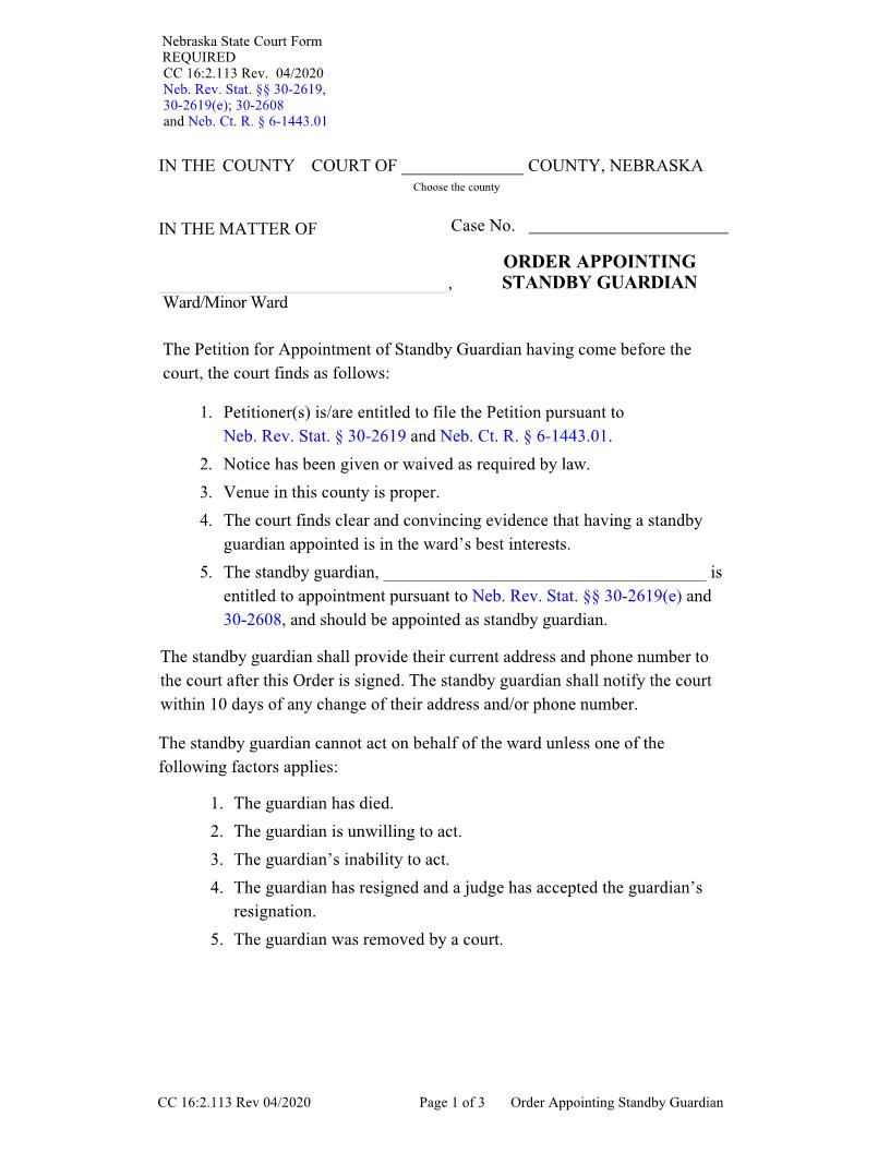Order Appointing Standby Guardian {CC-16-2-113} | Pdf Fpdf Docx | Nebraska