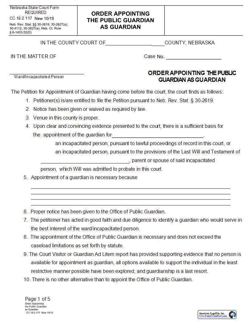 Order Appointing The Public Guardian As Guardian {CC-16-2-117} | Pdf Fpdf Docx | Nebraska