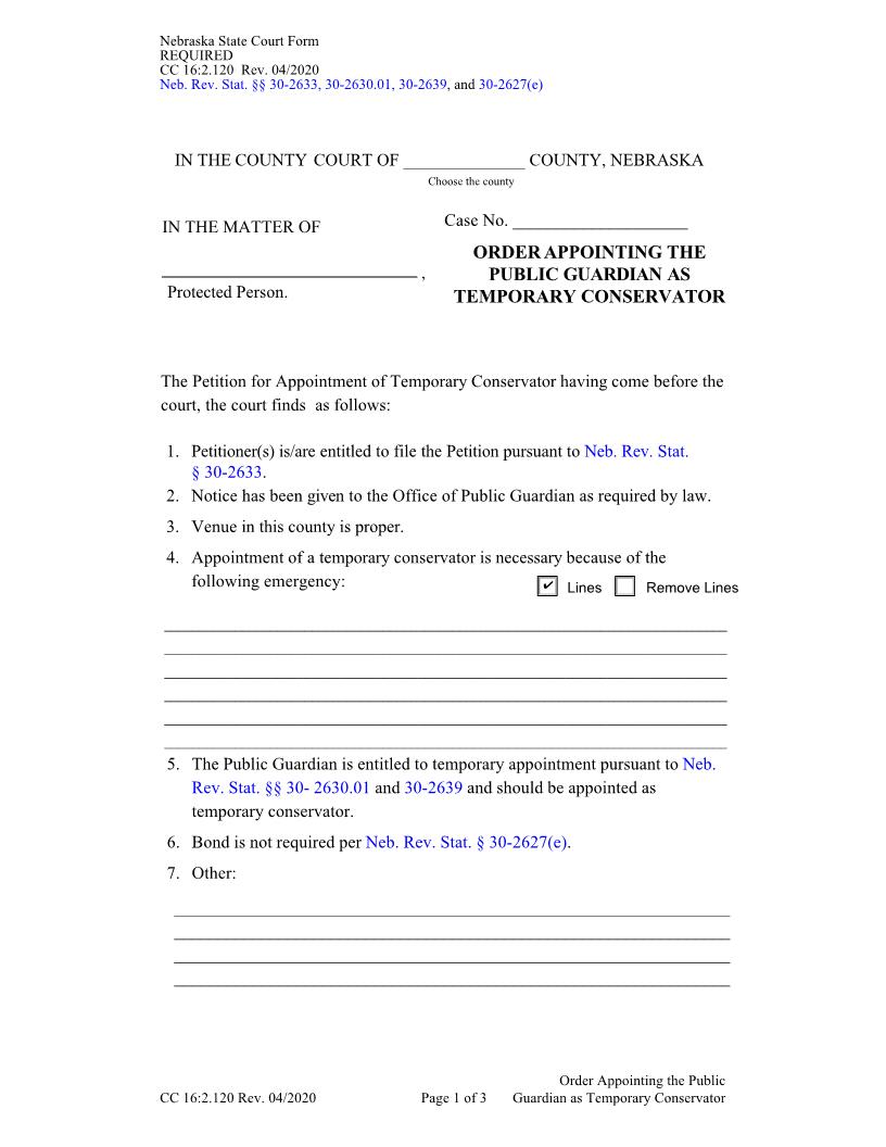 Order Appointing The Public Guardian As Temporary Conservator {CC-16-2-120} | Pdf Fpdf Docx | Nebraska