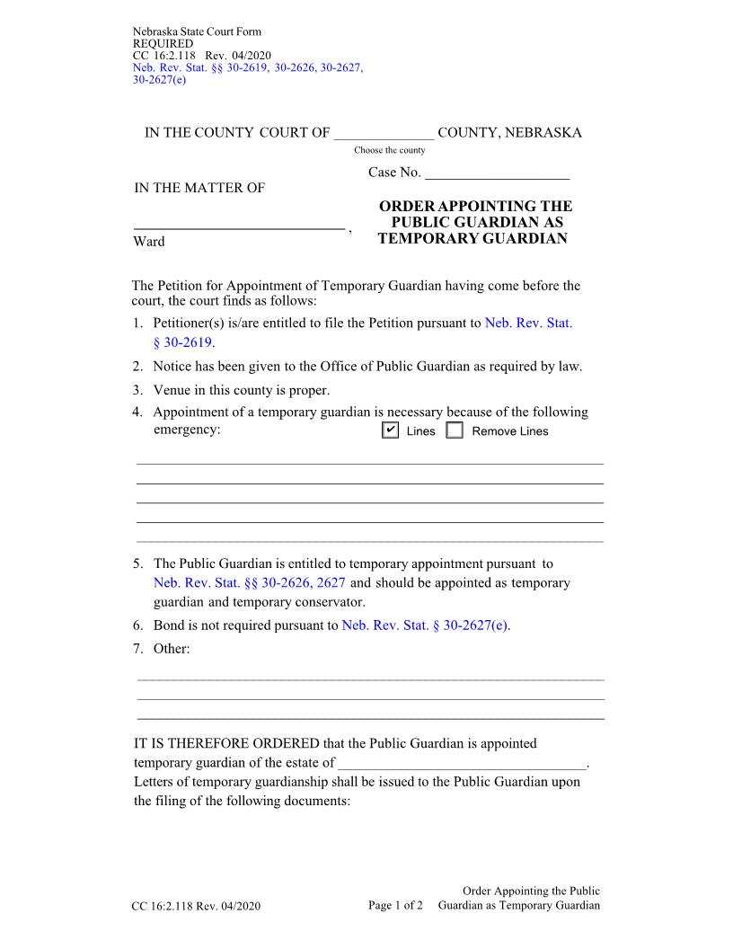 Order Appointing The Public Guardian As Temporary Guardian {CC-16-2-118} | Pdf Fpdf Docx | Nebraska
