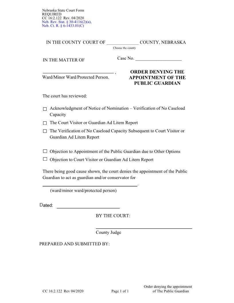 Order Denying The Appointment Of The Public Guardian {CC-16-2-122} | Pdf Fpdf Docx | Nebraska