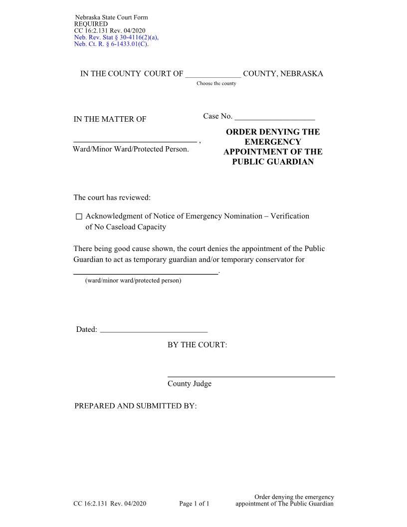 Order Denying The Emergency Appointment Of The Public Guardian {CC-16-2-131} | Pdf Fpdf Docx | Nebraska