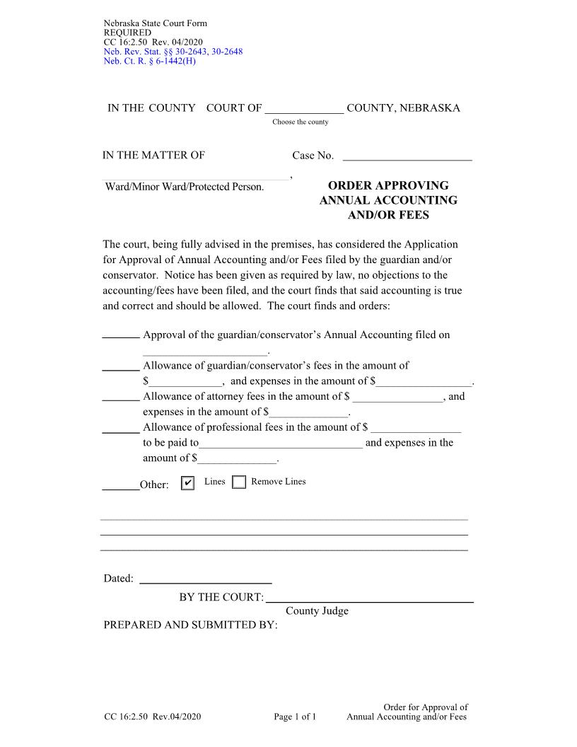 Order For Approval Of Annual Accounting And Or Fees {CC-16-2-50} | Pdf Fpdf Docx | Nebraska