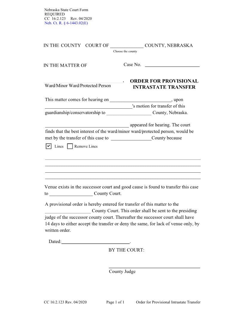 Order For Provisional Intrastate Transfer {CC-16-2-123} | Pdf Fpdf Docx | Nebraska