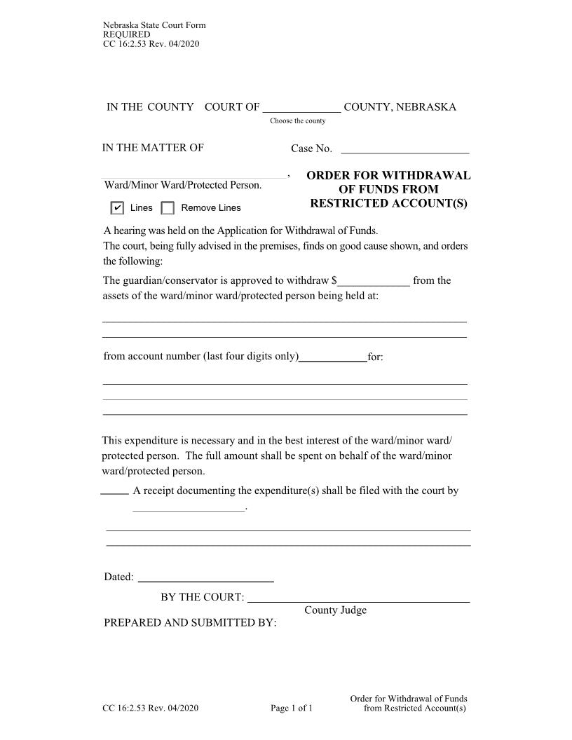 Order For Withdrawal Of Funds From Restricted Accounts {CC-16-2-53} | Pdf Fpdf Docx | Nebraska