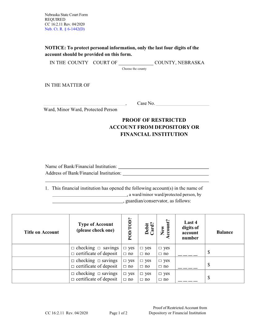 Proof Of Restricted Account From Depository Or Financial Institution {CC-16-2-11} | Pdf Fpdf Doc Docx | Nebraska
