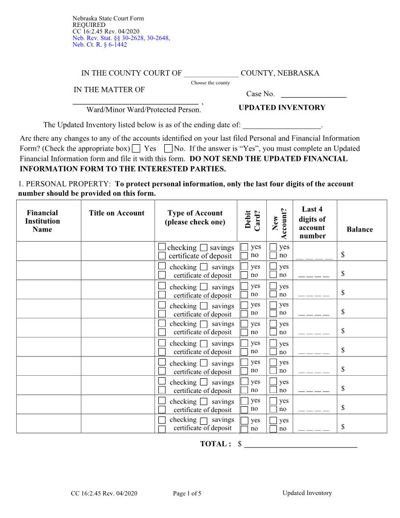 Updated Inventory {CC-16-2-45} | Pdf Fpdf Docx | Nebraska