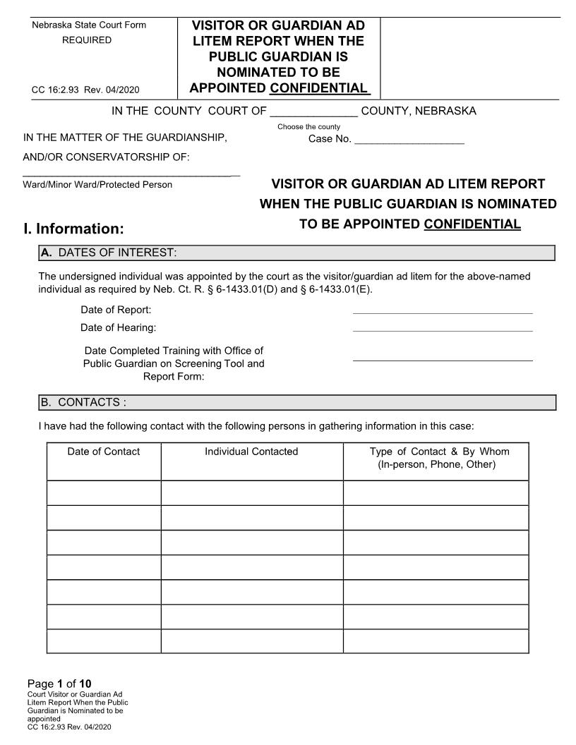 Visitor Or Guardian Ad Litem Report When The Public Guardian Is Nominated {CC-16-2-93} | Pdf Fpdf Docx | Nebraska
