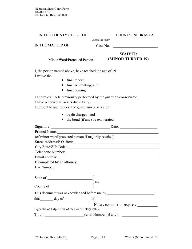 Waiver Minor Turned 19 {CC-16-2-60} | Pdf Fpdf Docx | Nebraska