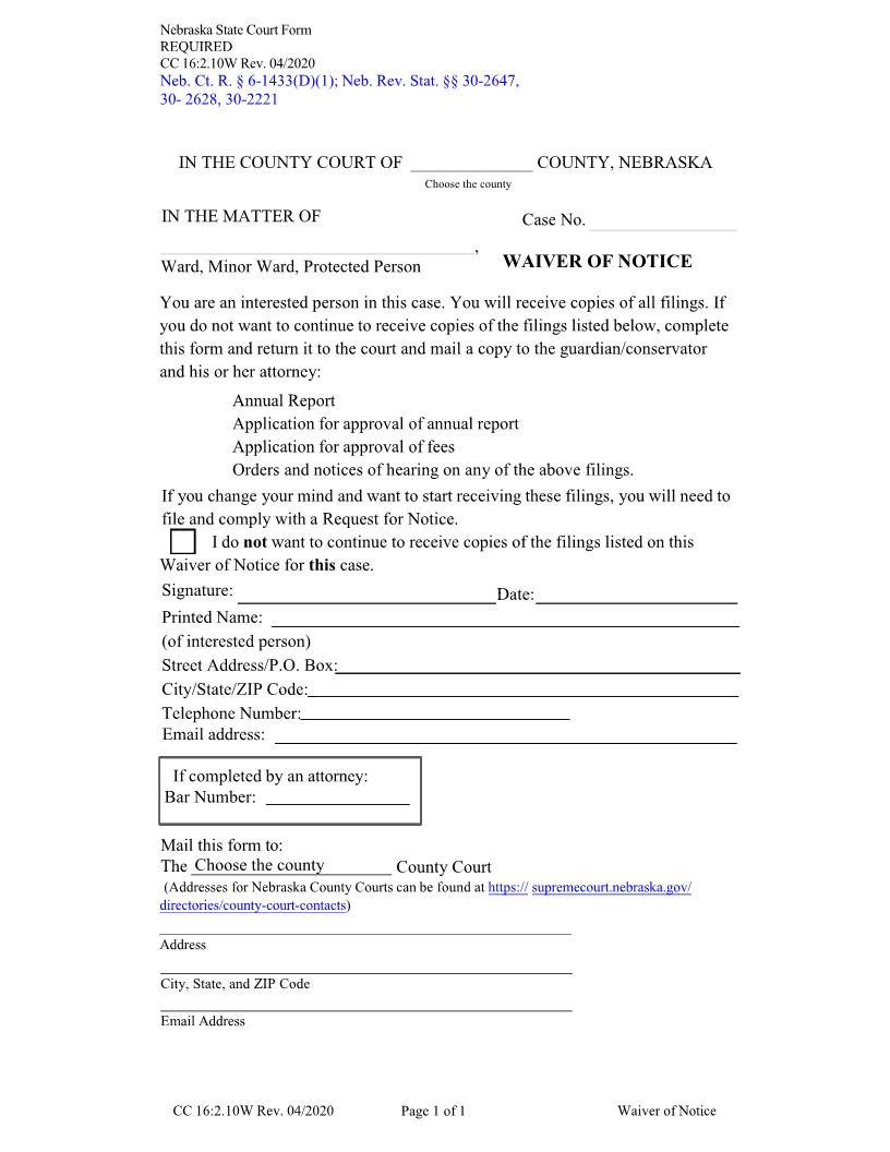 Waiver Of Notice {CC-16-2-10} | Pdf Fpdf Docx | Nebraska