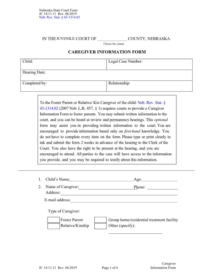 Caregiver Information Form {JC-14-11-11} | Pdf Fpdf Docx | Nebraska