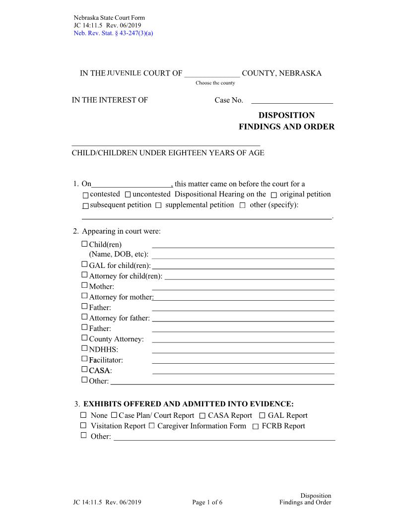 Disposition Findings And Order {JC-14-11-5} | Pdf Fpdf Docx | Nebraska