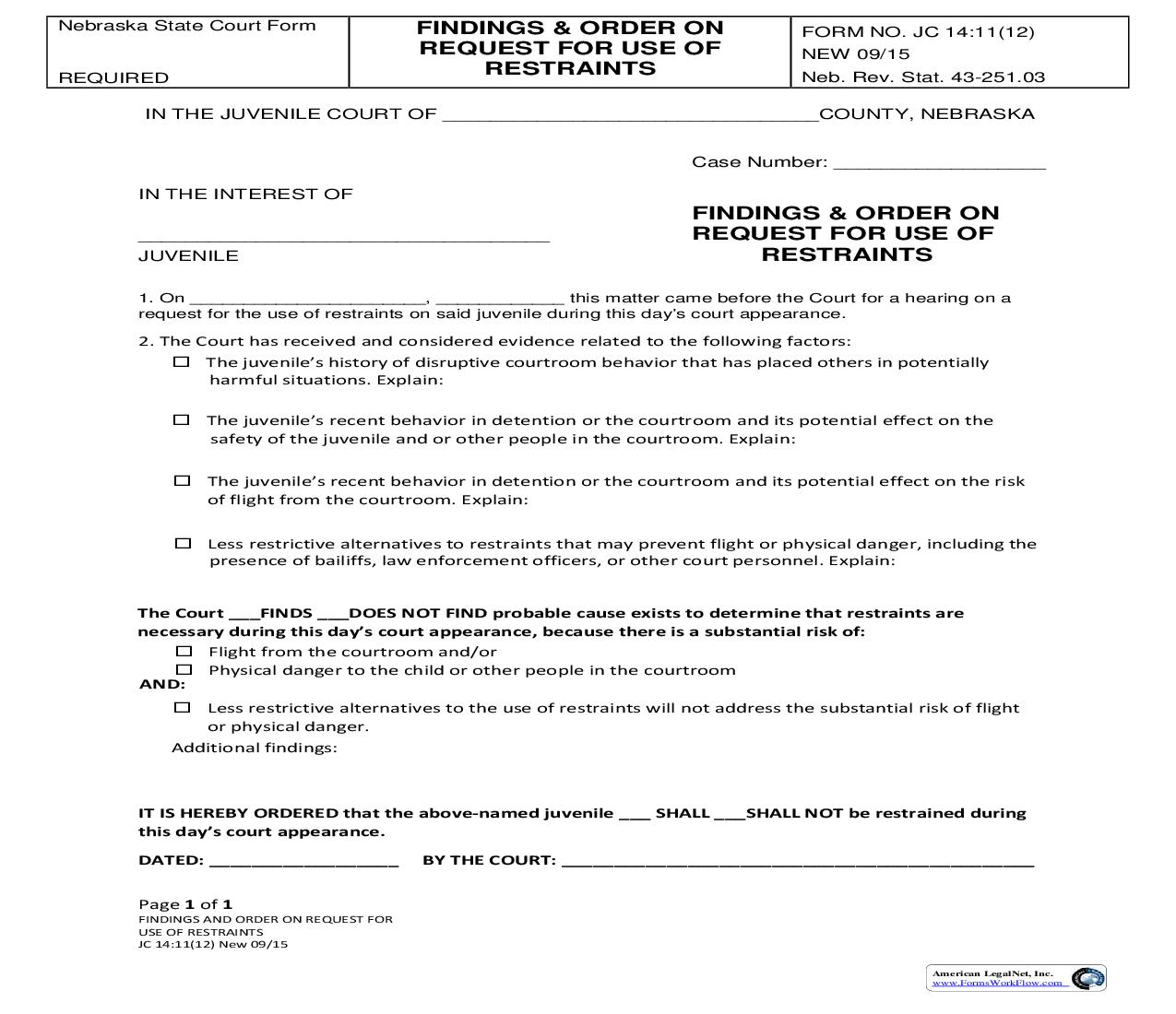 Findings & Order On Request For Use Of Restraints {JC-14-11-12} |  | Nebraska