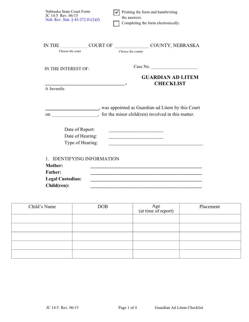 Guardian Ad Litem Checklist {JC-14-5} | Pdf Fpdf Docx | Nebraska