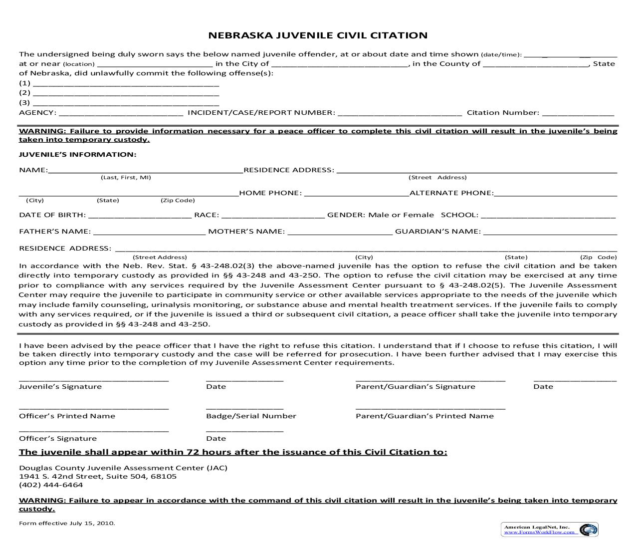 Juvenile Civil Citation |  | Nebraska