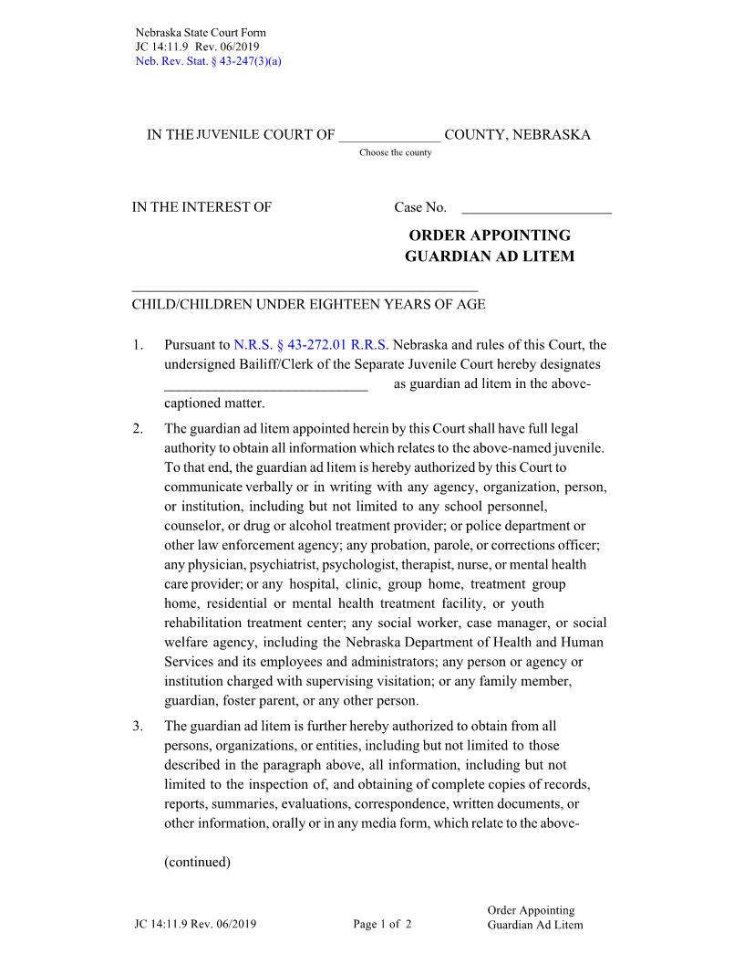 Order Appointing Guardian Ad Litem {JC-14-11-9} | Pdf Fpdf Docx | Nebraska
