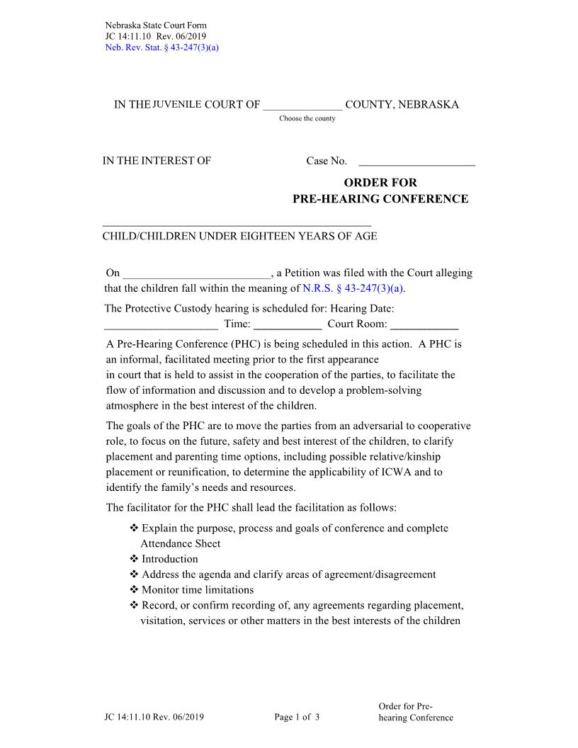 Order For Pre Hearing Conference {JC-14-11-10} | Pdf Fpdf Docx | Nebraska