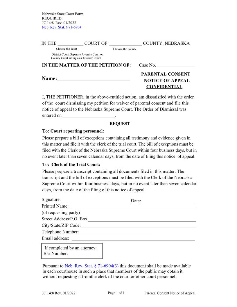 Parental Consent Notice Of Appeal {JC-14-8} | Pdf Fpdf Docx | Nebraska