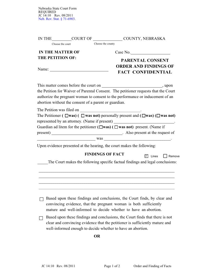 Parental Consent Order And Findings Of Fact {JC-14-10} | Pdf Fpdf Docx | Nebraska