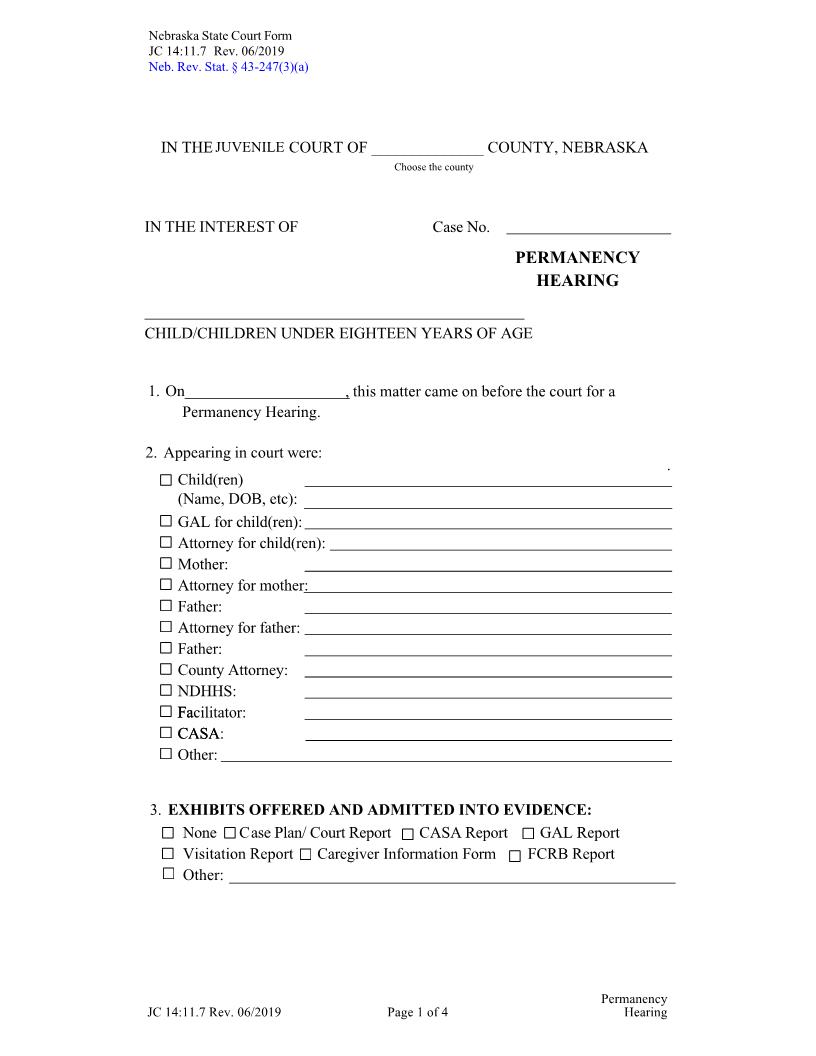 Permanency Hearing {JC-14-11-7} | Pdf Fpdf Docx | Nebraska