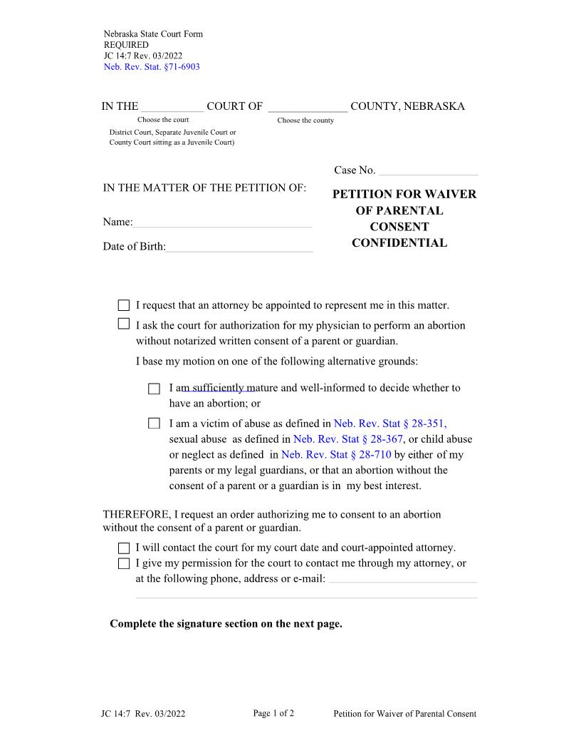 Petition For Waiver Of Parental Consent {JC-14-7} | Pdf Fpdf Docx | Nebraska