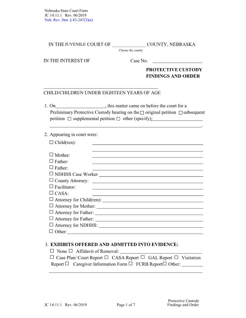 Protective Custody Findings And Order {JC-14-11-1} | Pdf Fpdf Docx | Nebraska