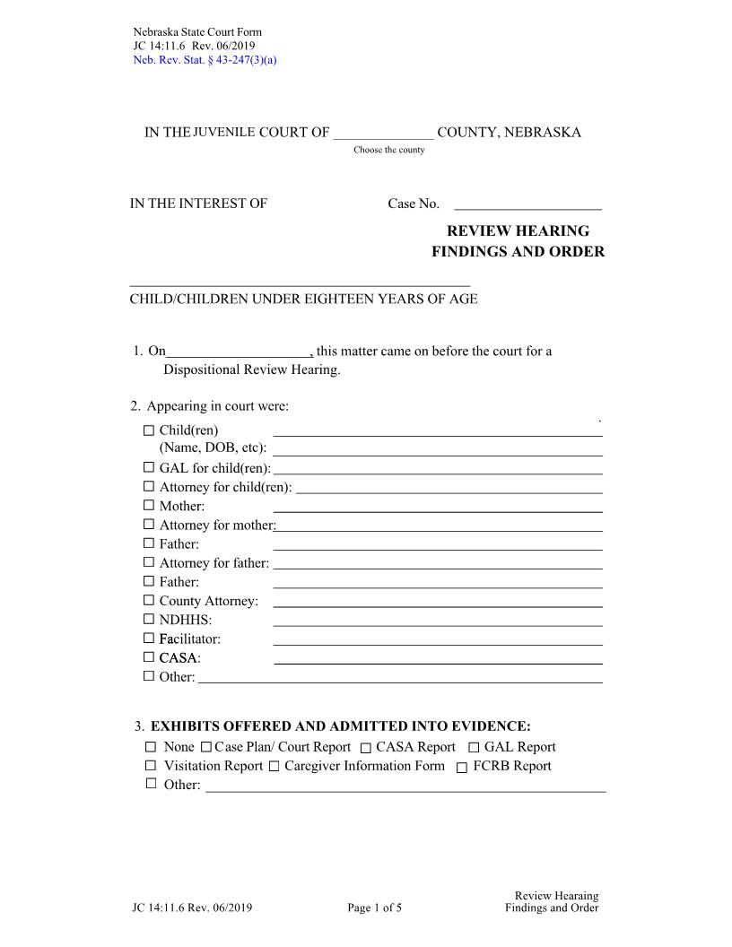 Review Hearing Findings And Order {JC-14-11-6} | Pdf Fpdf Docx | Nebraska