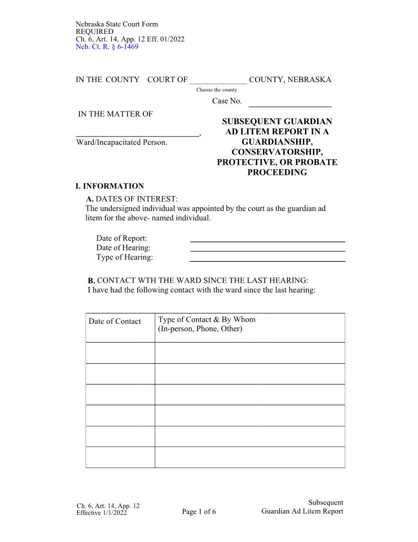 Subsequent Guardian Ad Litem Report {Ch6Art14App12} | Pdf Fpdf Docx | Nebraska