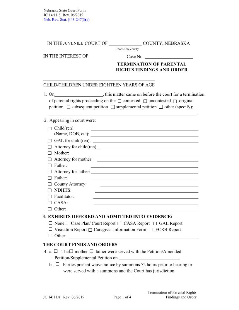 Termination Of Parental Rights Findings And Order {JC-14-11-8} | Pdf Fpdf Docx | Nebraska