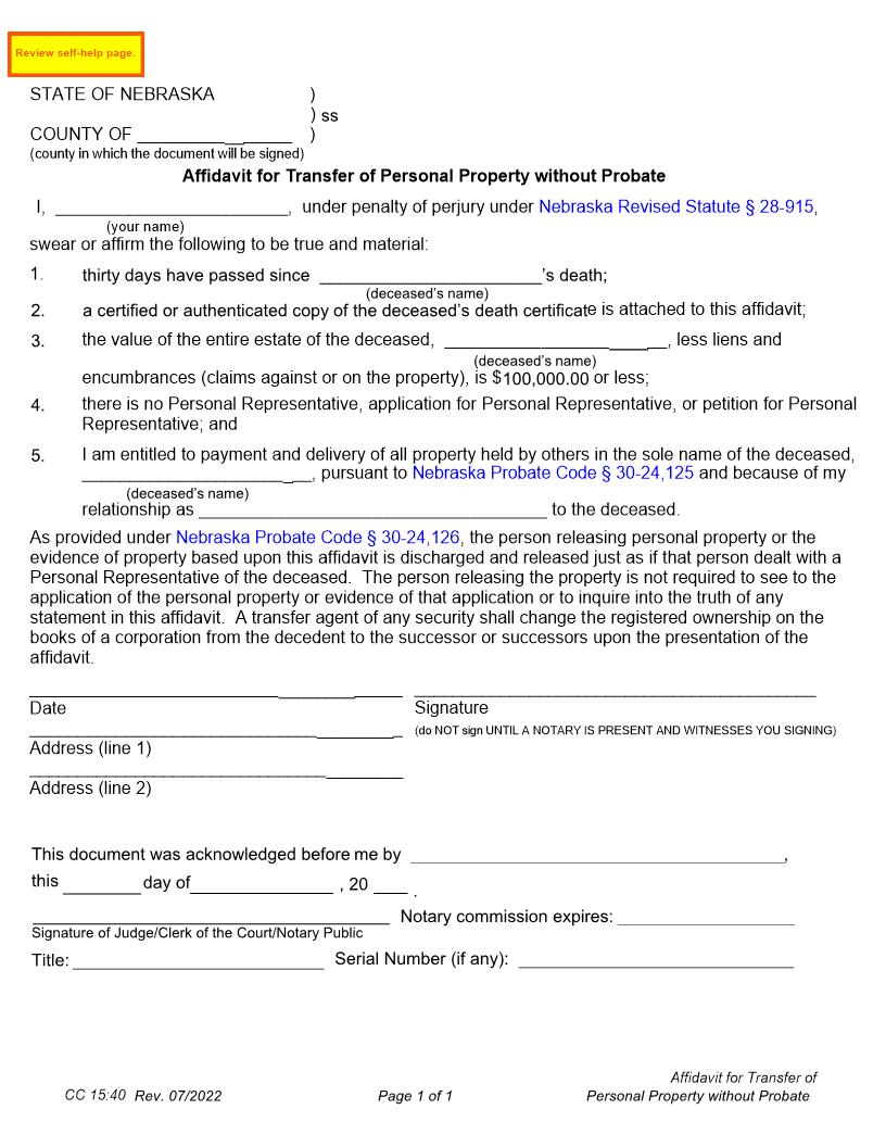 Affidavit For Transfer Of Personal Property Without Probate {CC-15-40} | Pdf Fpdf Doc Docx | Nebraska