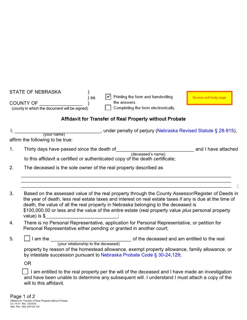 Affidavit For Transfer Of Real Property Without Probate {CC-15-41} | Pdf Fpdf Doc Docx | Nebraska