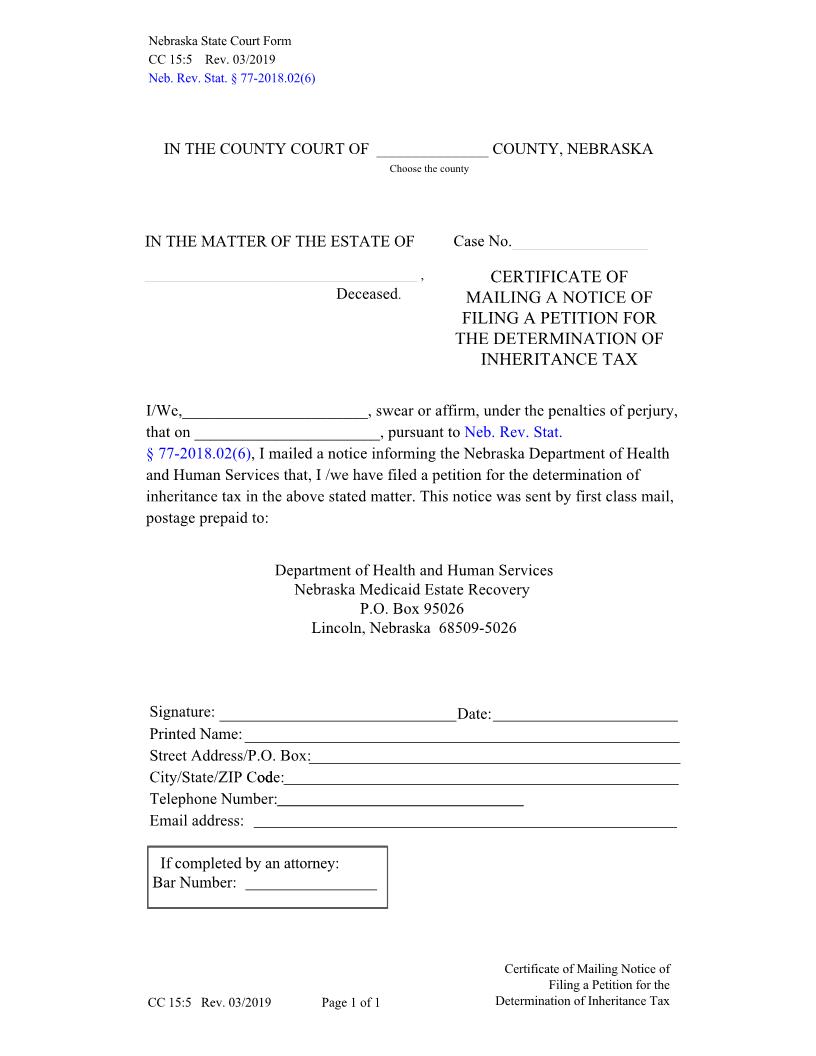 Certificate Of Mailing A Notice {CC-15-5} | Pdf Fpdf Doc Docx | Nebraska