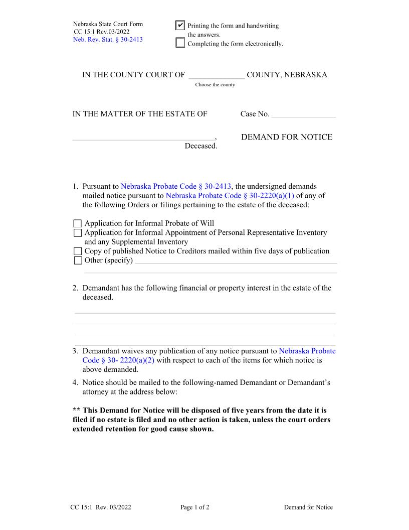 Demand For Notice {CC-15-1} | Pdf Fpdf Doc Docx | Nebraska