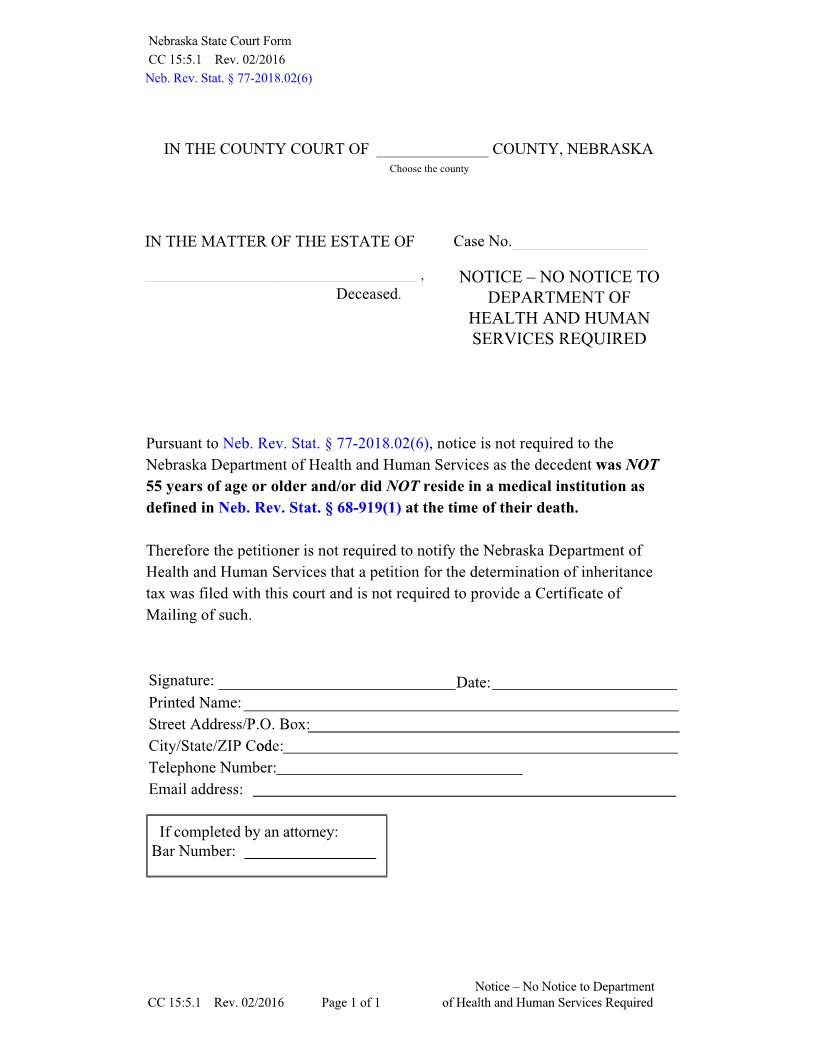 Notice - No Notice To Department Of Health And Human Services Required {CC-15-5-1} | Pdf Fpdf Doc Docx | Nebraska