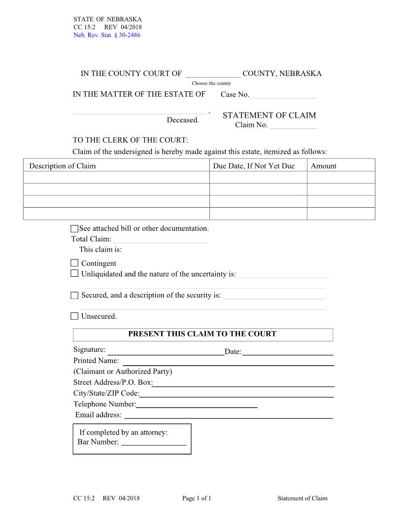 Statement Of Claim {CC-15-2} | Pdf Fpdf Doc Docx | Nebraska