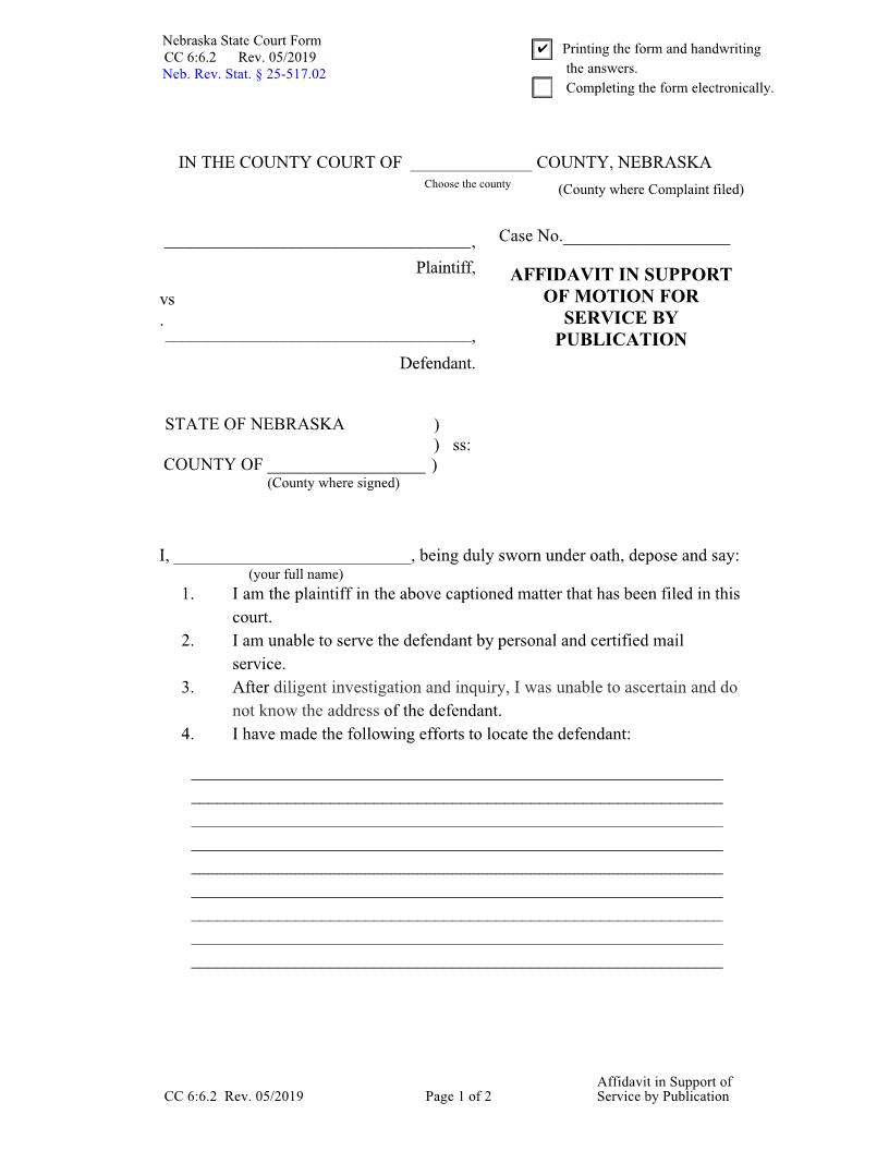 Affidavit In Support Of Motion For Service By Publication {CC-6-6-2} | Pdf Fpdf Docx | Nebraska