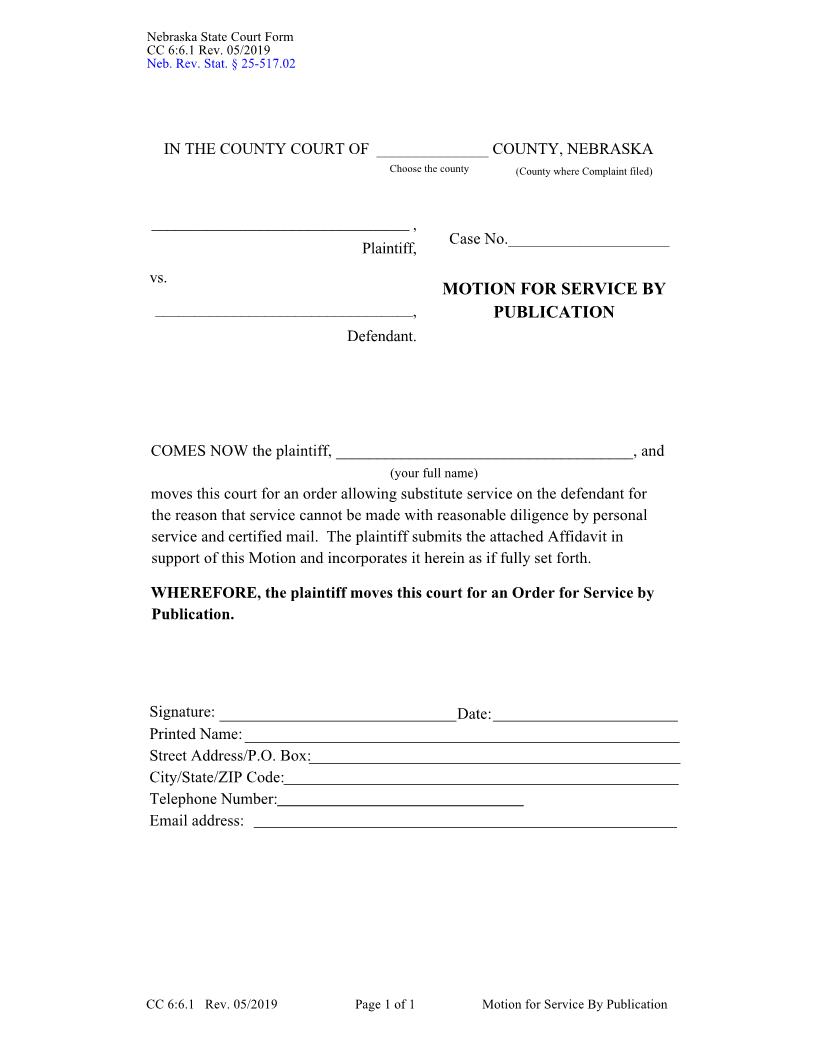 Motion For Service By Publication {CC-6-6-1} | Pdf Fpdf Docx | Nebraska