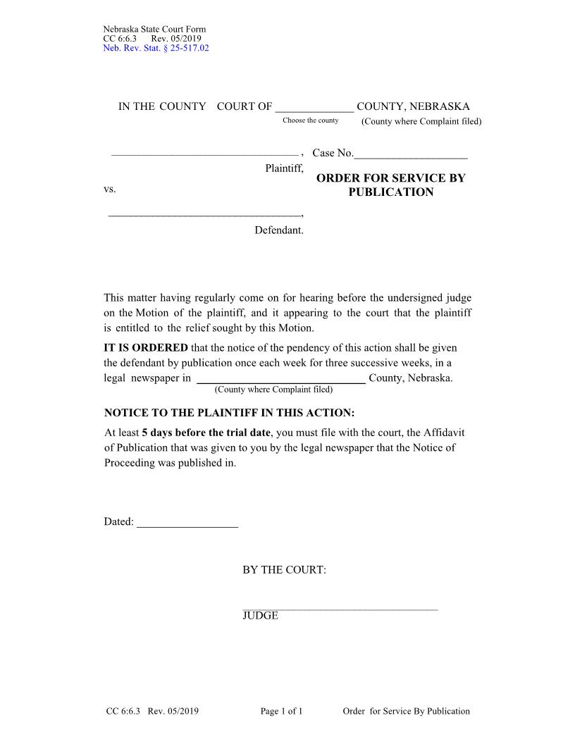 Order For Service By Publication {CC-6-6-3} | Pdf Fpdf Docx | Nebraska