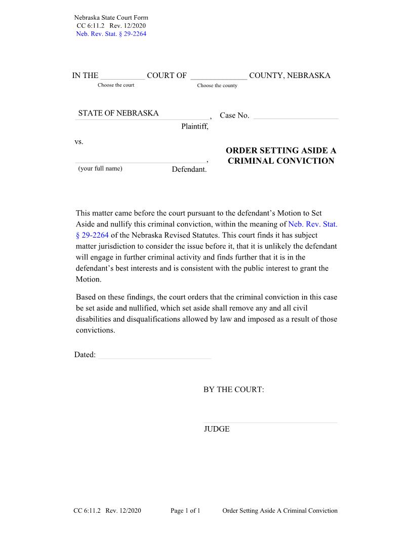 Order Setting Aside A Criminal Conviction {CC-6-11-2} | Pdf Fpdf Docx | Nebraska
