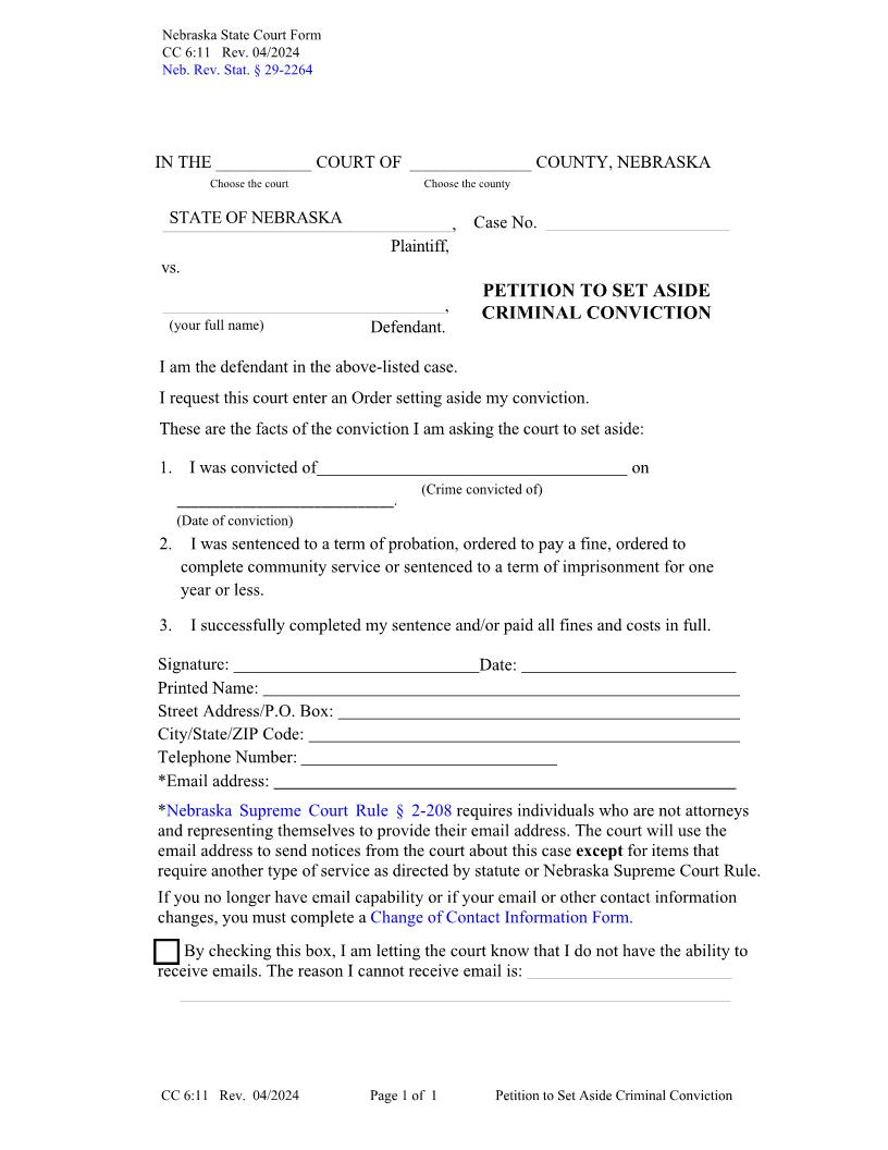 Petition To Set Aside Criminal Conviction {CC-6-11} | Pdf Fpdf Doc Docx | Nebraska