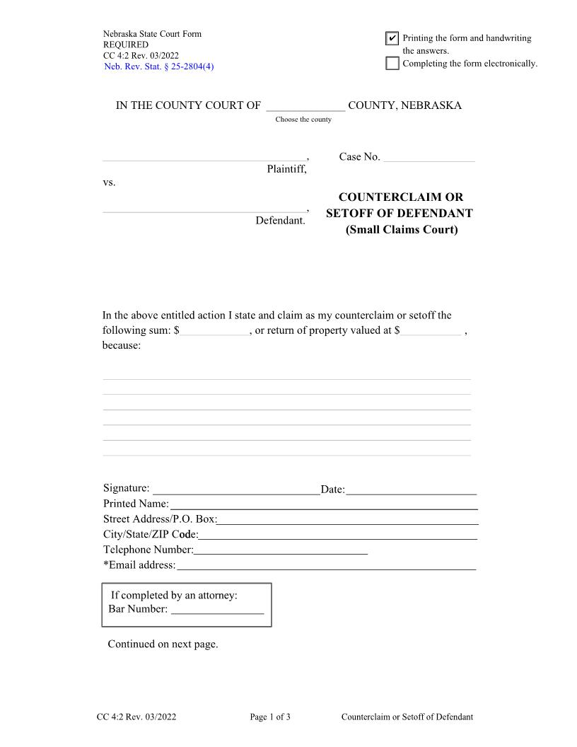 Counterclaim Or Setoff Of Defendant {CC-4-2} | Pdf Fpdf Docx | Nebraska