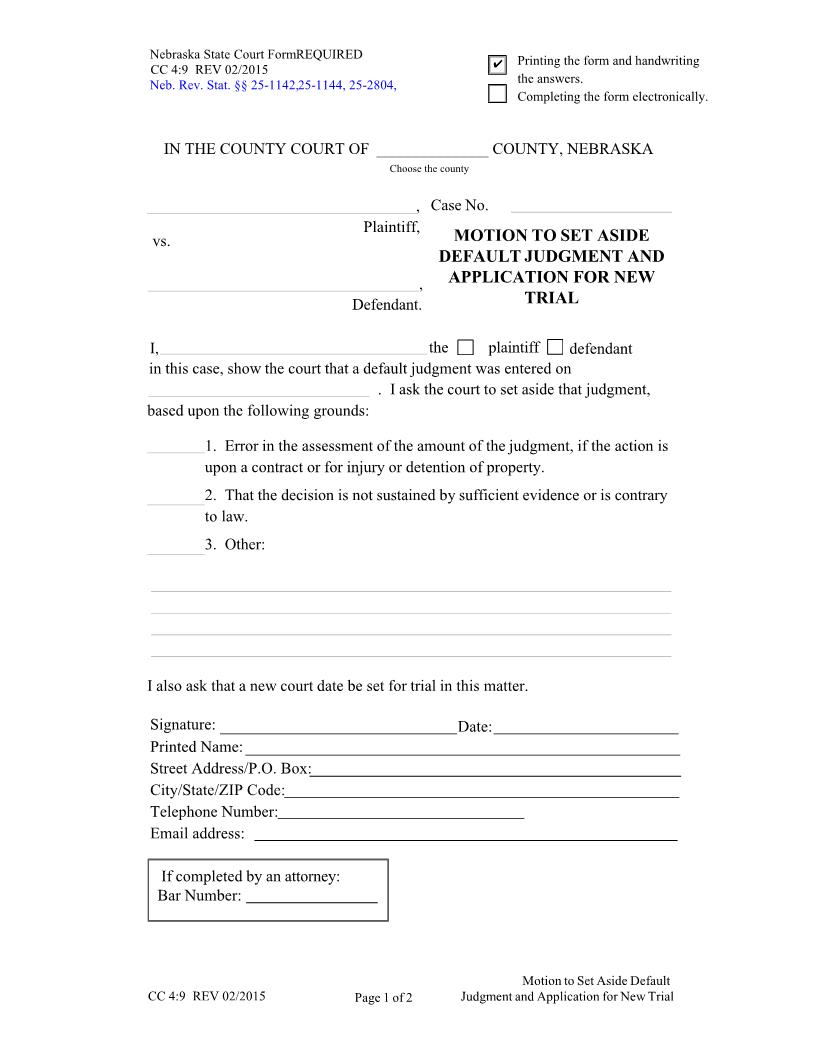 Motion To Set Aside Default Judgment And Application For New Trial {CC-4-9} | Pdf Fpdf Docx | Nebraska