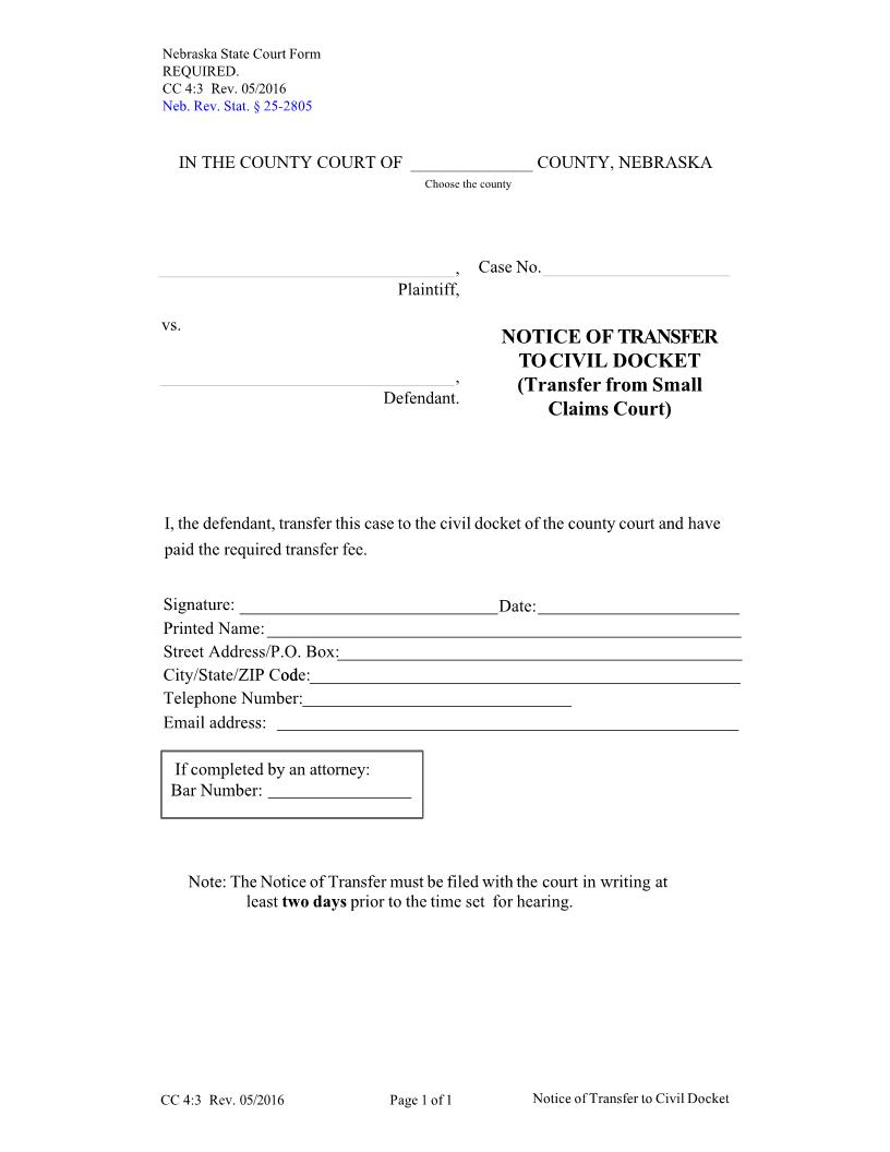 Notice Of Transfer To Civil Docket {CC-4-3} | Pdf Fpdf Docx | Nebraska