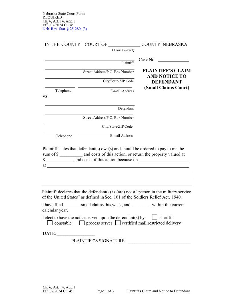 Plaintiffs Claim And Notice To Defendant {Ch6Art14App1} | Pdf Fpdf Docx | Nebraska