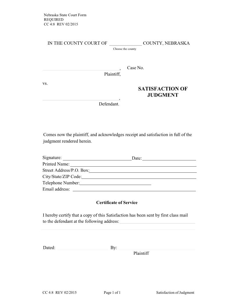 Satisfaction Of Judgment {CC-4-8} | Pdf Fpdf Docx | Nebraska